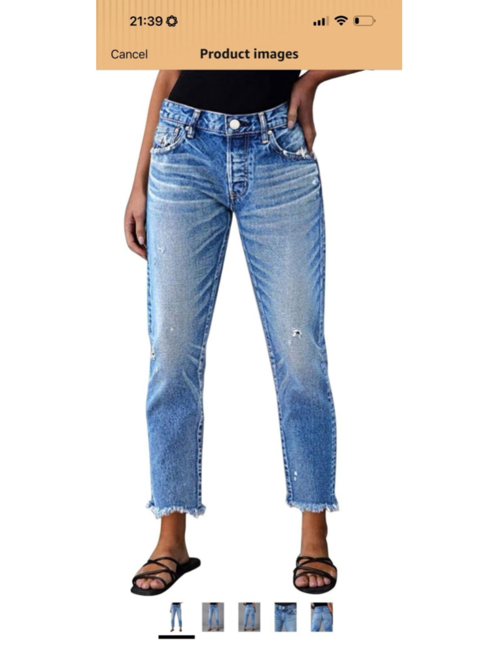 Flamingals Raw Hem Ripped Distressed Mid Waist Straight Leg Crop Jeans Blue M - Picture 2 of 5